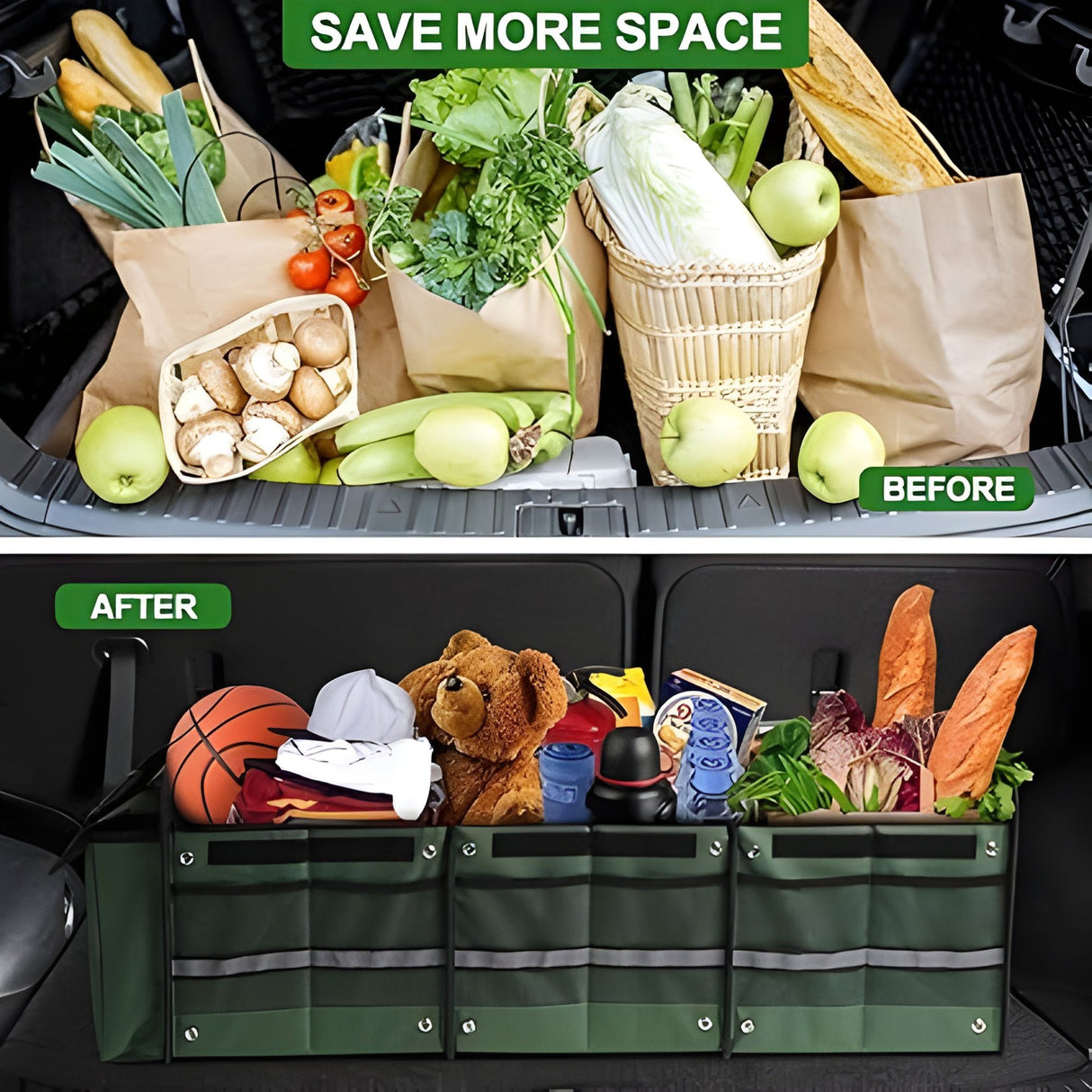 Organizator Auto pentru Portbagaj, Flippy, Model Pliabil, din Panza, cu Geanta Termoizolanta Detasabila, 3 Compartimente, Curele Ajustabile, 90 x 35 x 30 cm, Verde - vivimall.ro
