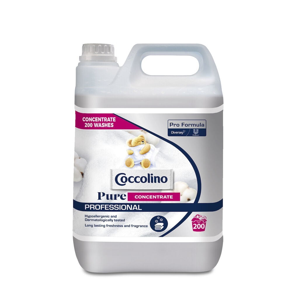 Flacon de 5 L balsam concentrat Coccolino Professional Pure, etichetă cu specificații tehnice