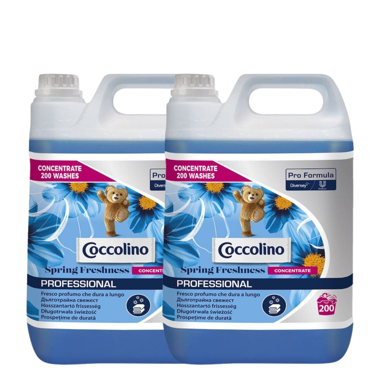 Pachet Coccolino Professional Spring Fresh Concentrated balsam rufe 2×5 L, vedere frontală flacoane