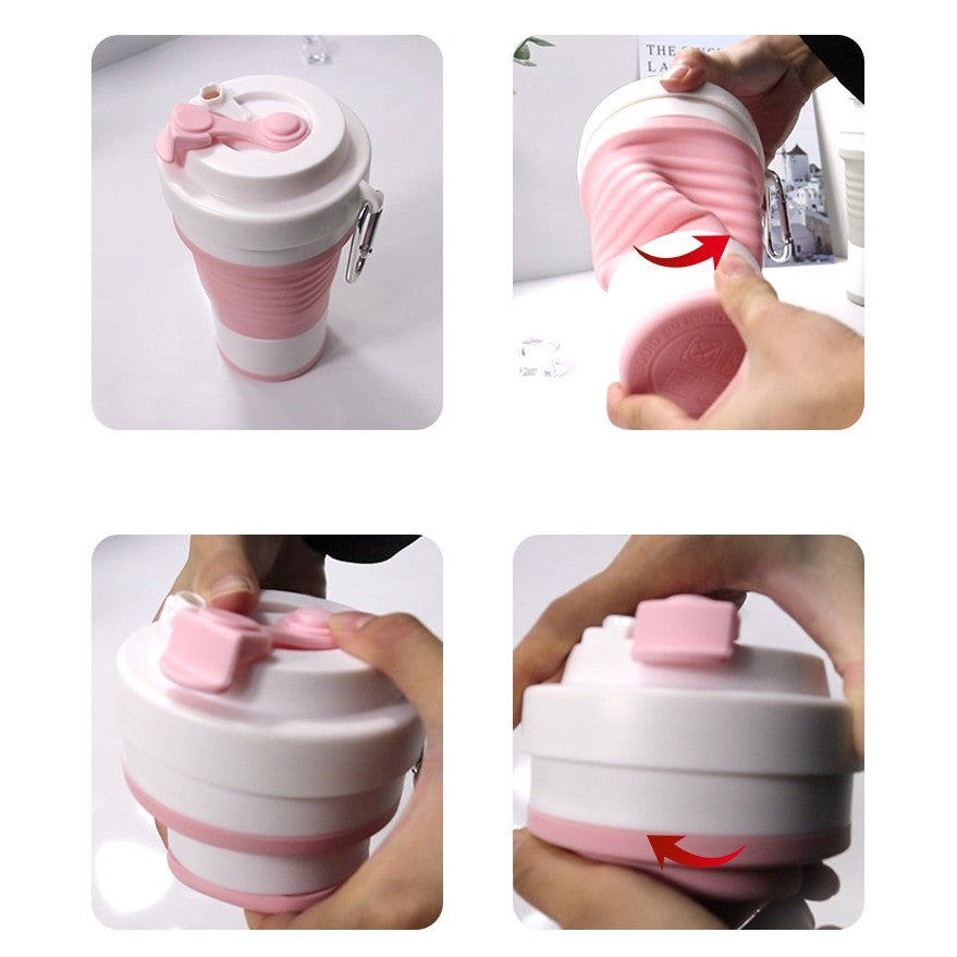 Pahar pliabil din silicon Vivimall, pentru calatorii, camping, 750 ml, pai inclus, 11.6 x 19.3 cm, roz - vivimall.ro