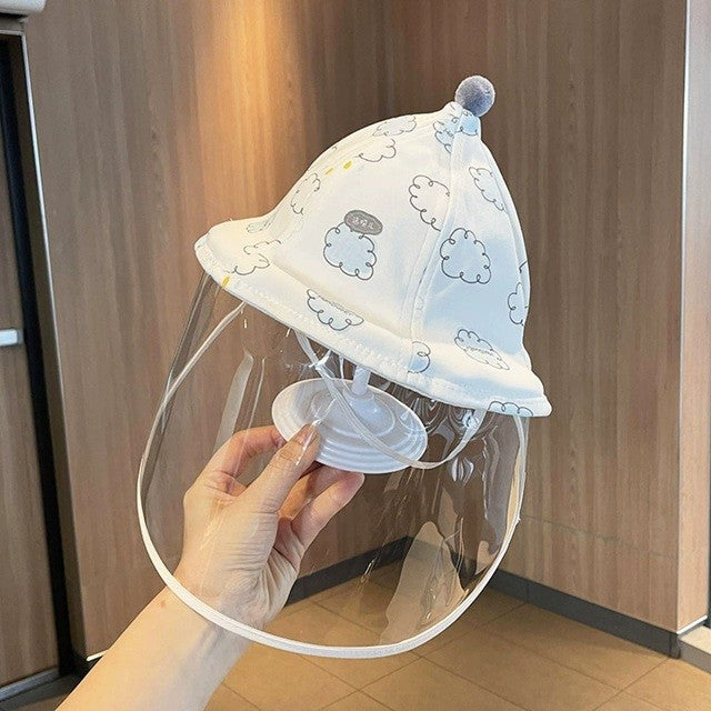 Palarie de Protectie pentru Bebelusi, Vivimall, Model cu Norisori Albastri, Pescareasca, de Primavara si Toamna, cu Masca si Fermoar, 48 cm, pentru 6-12 Luni, Bleu - vivimall.ro