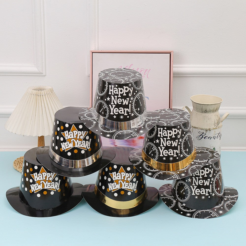 Palarie Tip Lincoln, Flippy, Model Happy New Year cu Buline, Accesoriu Petrecere de Anul Nou, Marime Universala, din Carton, Negru/Auriu - vivimall.ro