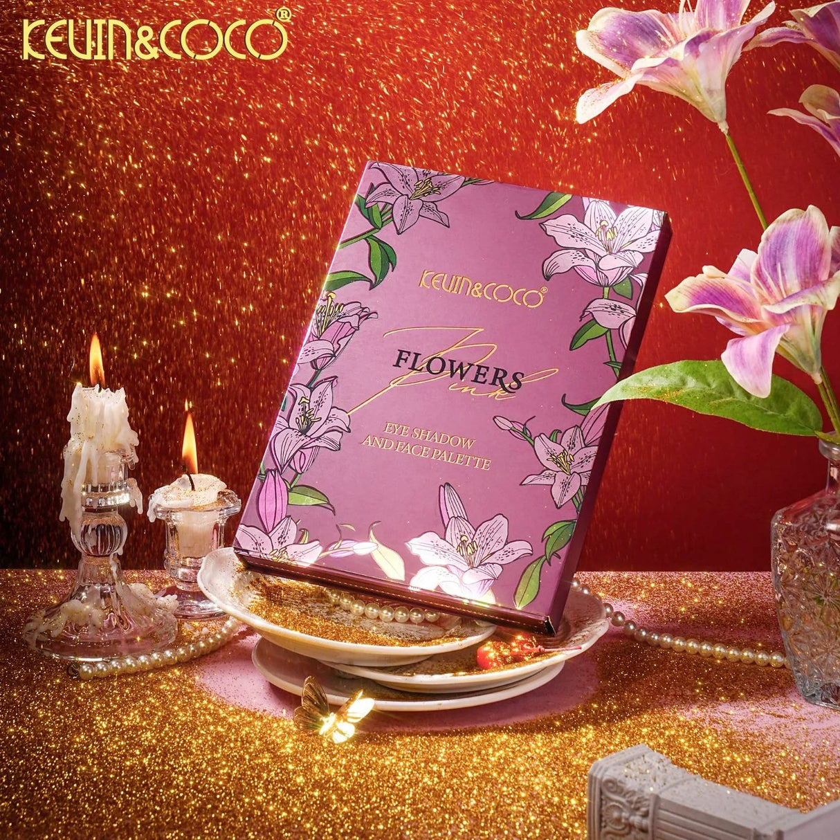 Paleta de Machiaj tip Carte, Kevin&Coco, Model Flowers, 82 Nuante, Paleta All-in-One, Farduri, Blush si Iluminatoare, 16.3x22.4x2.5 cm, Multicolor - vivimall.ro
