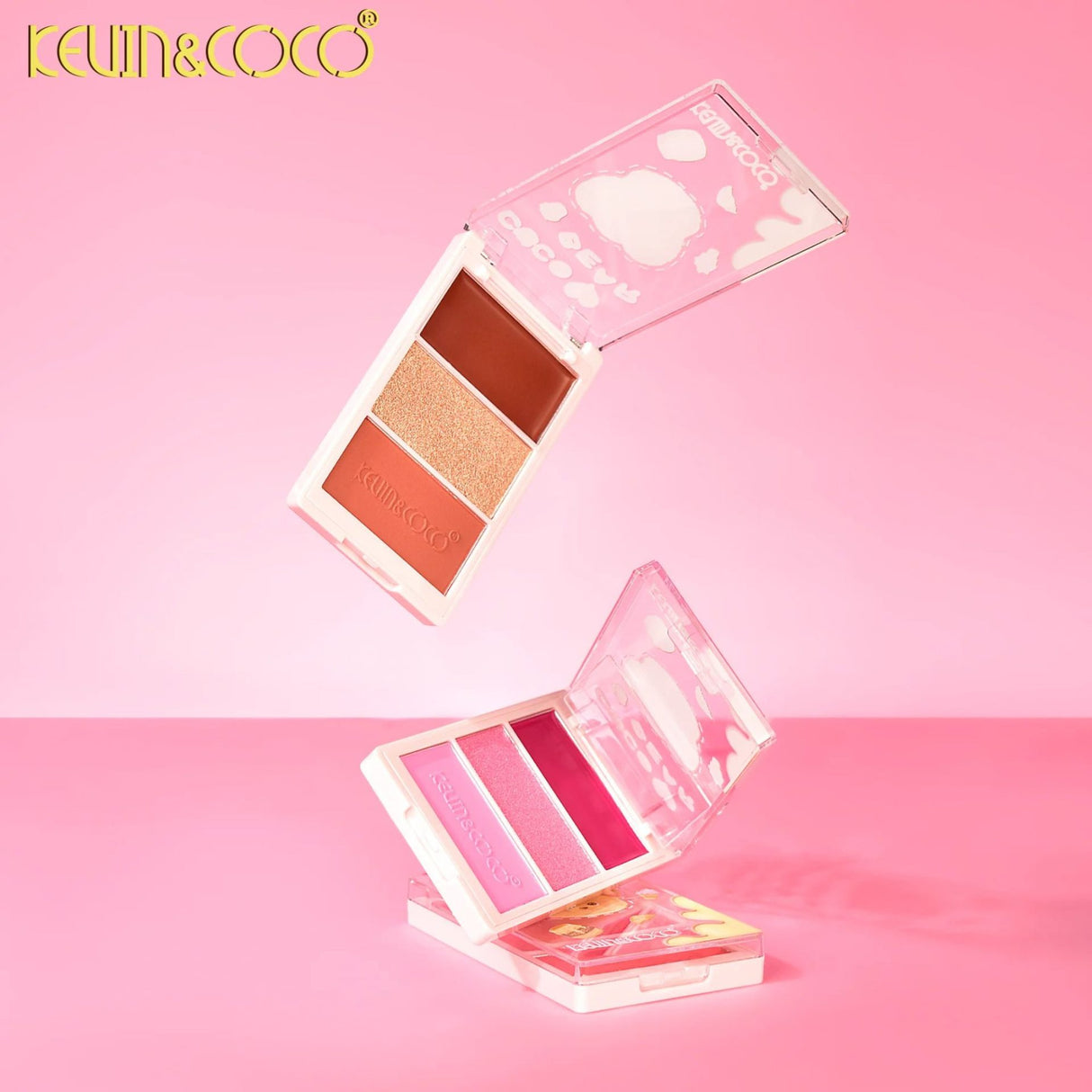 Paleta Fard de Obraz, Kevin&Coco, 3 Culori, Blush, Iluminator, Contur, Textură Fină, Efect Natural, pentru Toate Tipurile de Ten, 71.7 g, 6.7 x 1.5 x 11 cm, Coral - vivimall.ro