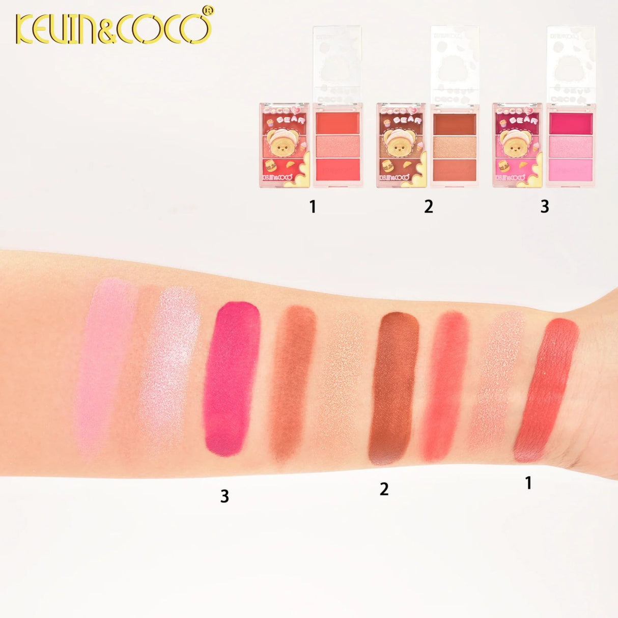 Paleta Fard de Obraz, Kevin&Coco, 3 Culori, Blush, Iluminator, Contur, Textură Fină, Efect Natural, pentru Toate Tipurile de Ten, 71.7 g, 6.7 x 1.5 x 11 cm, Coral - vivimall.ro