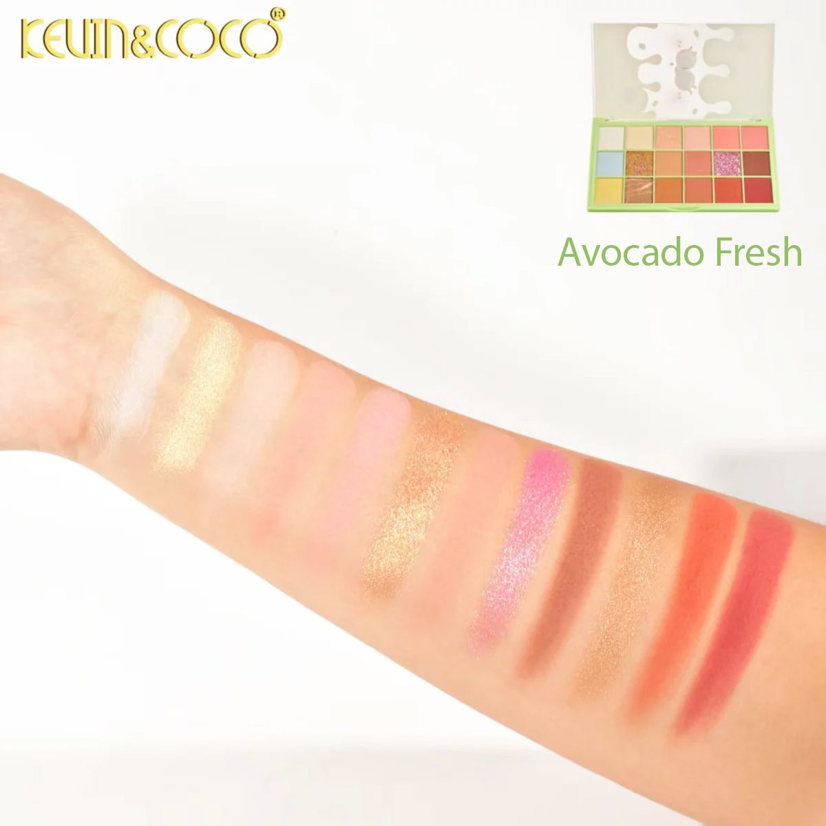 Paleta Farduri de Pleoape, Kevin&Coco, Paleta pentru Machiaj, 18 Nuante, Model Avocado Fresh, Mate si Sidefate, 9.9x1.7x17.7 cm, Multicolor - vivimall.ro