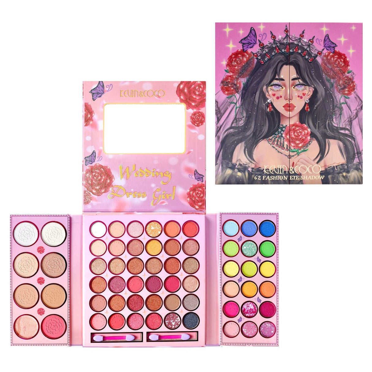Комплект грим, палитра сенки за очи Kevin&Coco с 62 пигментирани и перлени цвята