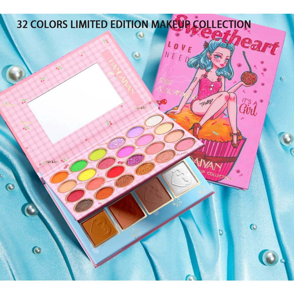 Комплект грим Sweetheart, палитра сенки за очи, хайлайтър и руж с 32 пигментирани цвята