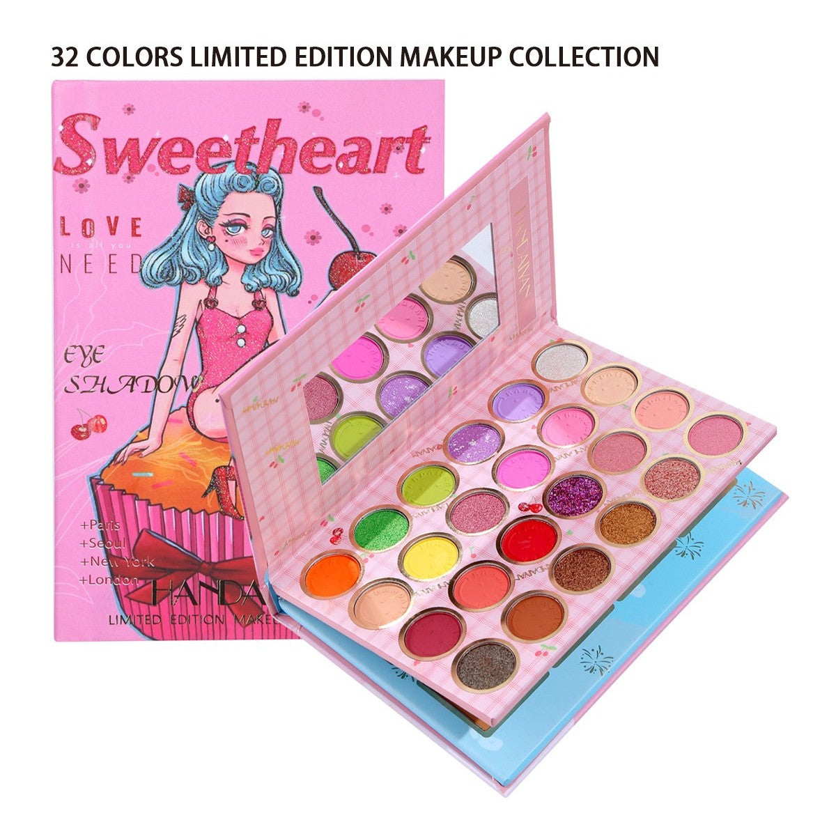 Комплект грим Sweetheart, палитра сенки за очи, хайлайтър и руж с 32 пигментирани цвята