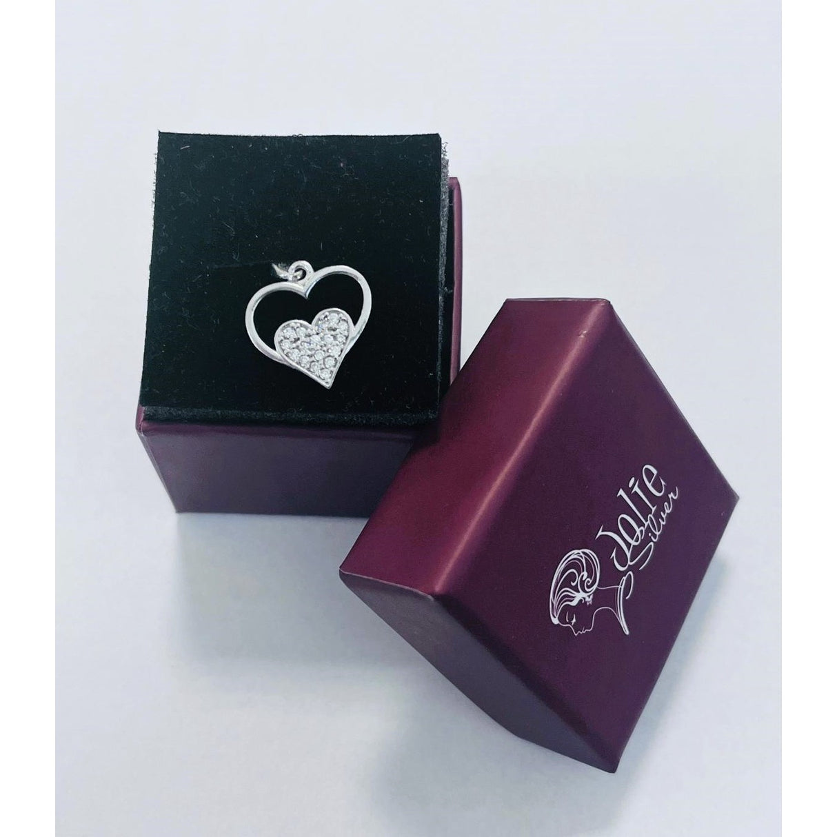 Pandantiv, Jolie Silver, Argint 925, Model Inima in Inima, Pietre Zirconiu, 20 x 15 mm, 1.2 g - vivimall.ro