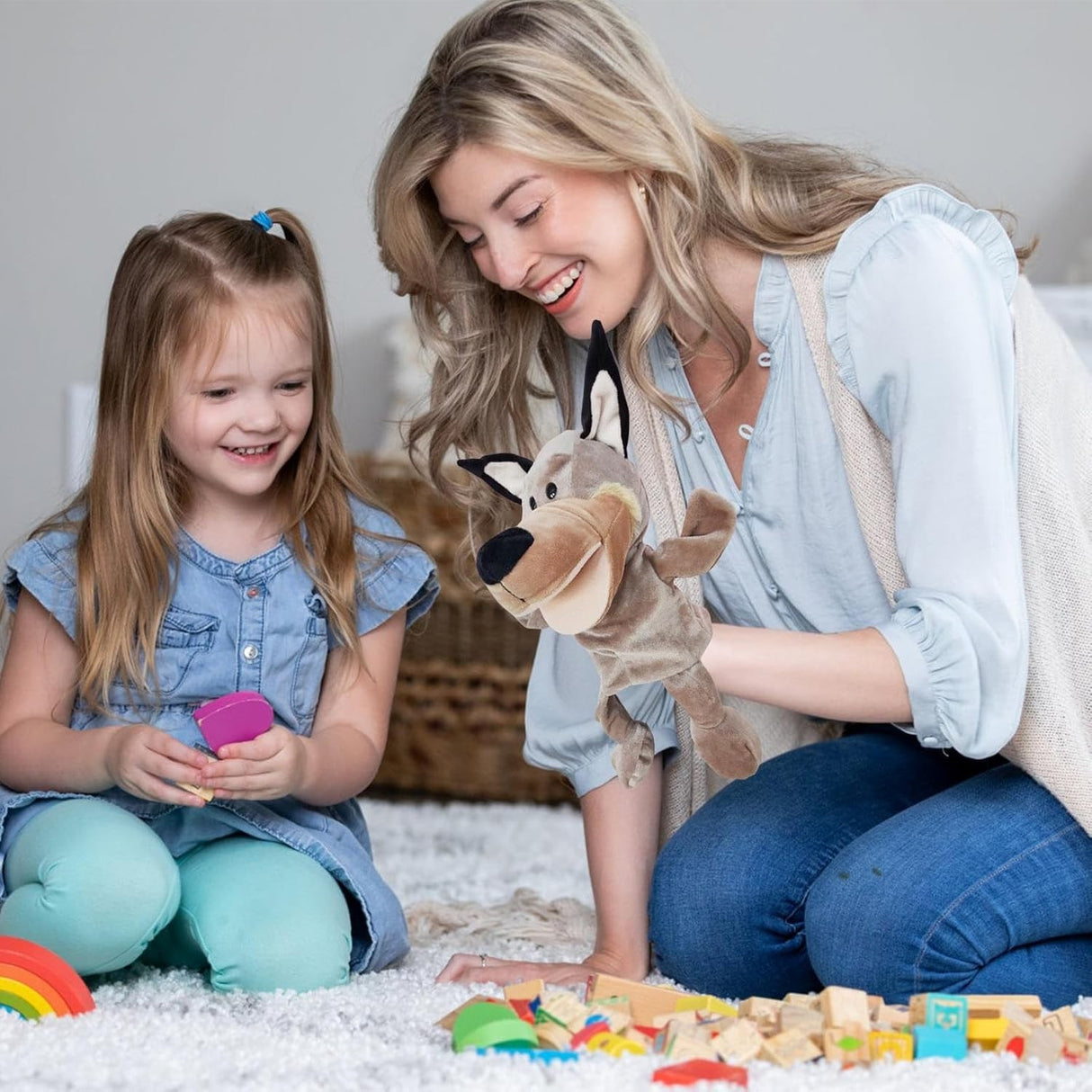 Papusa de Mana pentru Teatru de Papusi, Flippy, din Plus, 25 x 10 x 8 cm, Model Lup, Bej - vivimall.ro