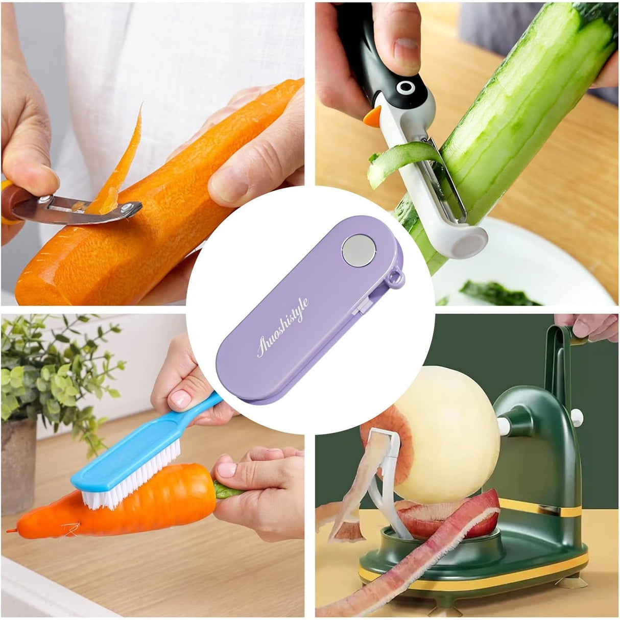 Peeler pentru Legume si Fructe, Vivimall, 3.6 x 9.1 cm, Multifunctional, Curatator Pliabil, din ABS si Otel Inoxidabil, Mov - vivimall.ro