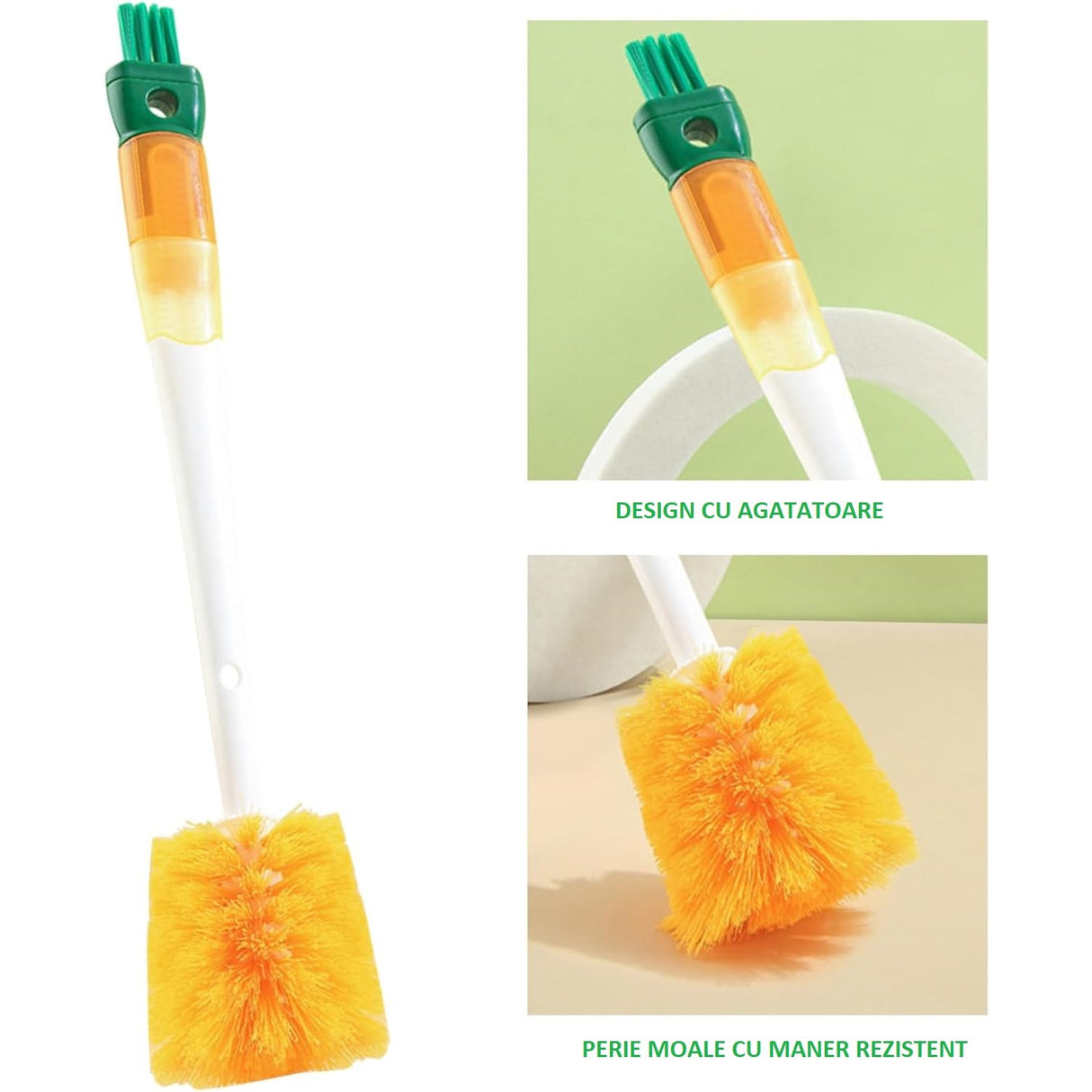 Perie 5 in 1 de Curatat Pahare, Cani, Sticle, Vivimall, cu Maner Lung, Accesorii pentru Spalarea Paielor si Capacelor, Usor de Agatat, 36x7x7cm, Portocaliu-Alb - vivimall.ro