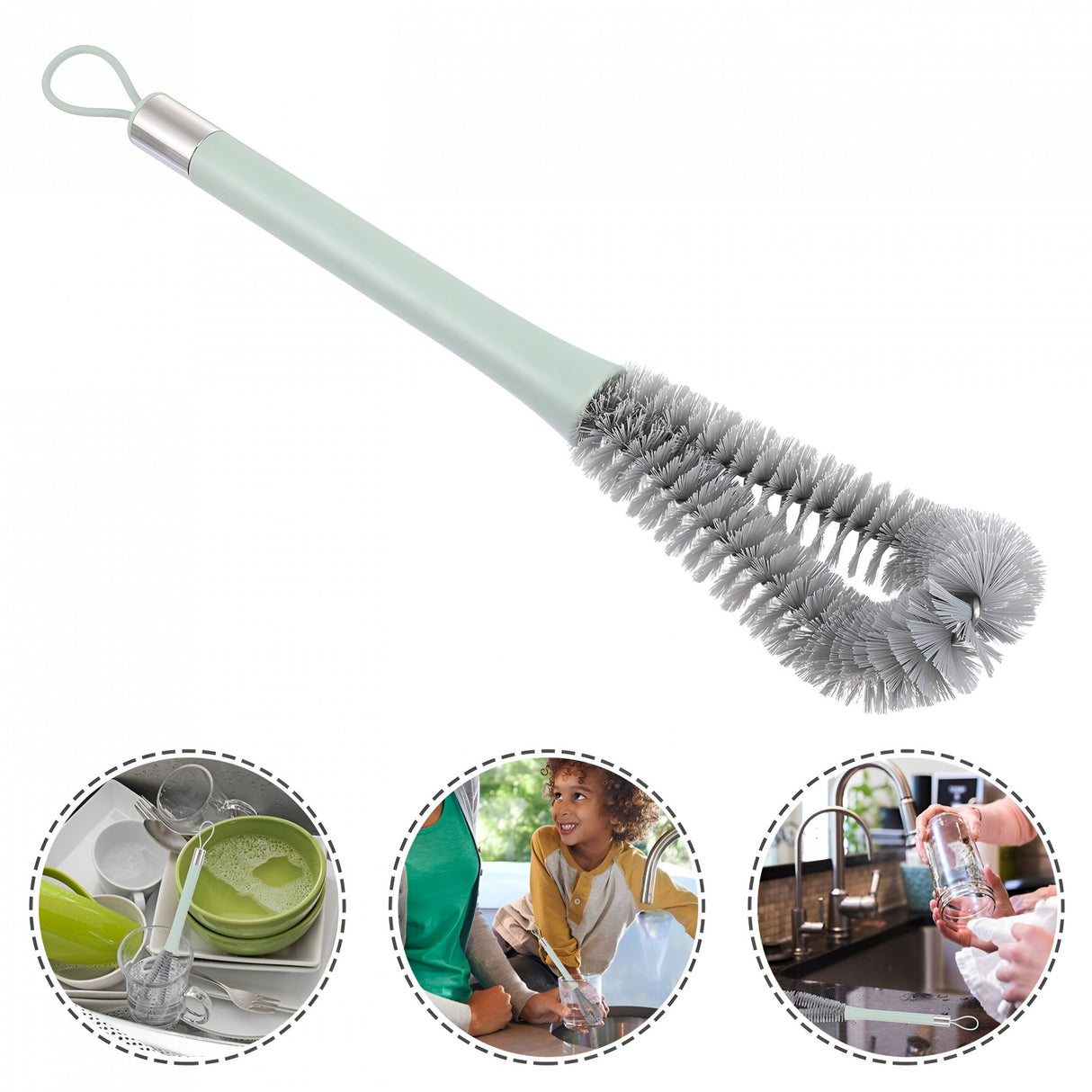 Perie de Curatat Pahare, Sticle, Biberoane, Vivimall, cu Maner Lung, Uz Casnic, Silicon, Ergonomic, 3.9x5.4x38.5cm, Verde - vivimall.ro