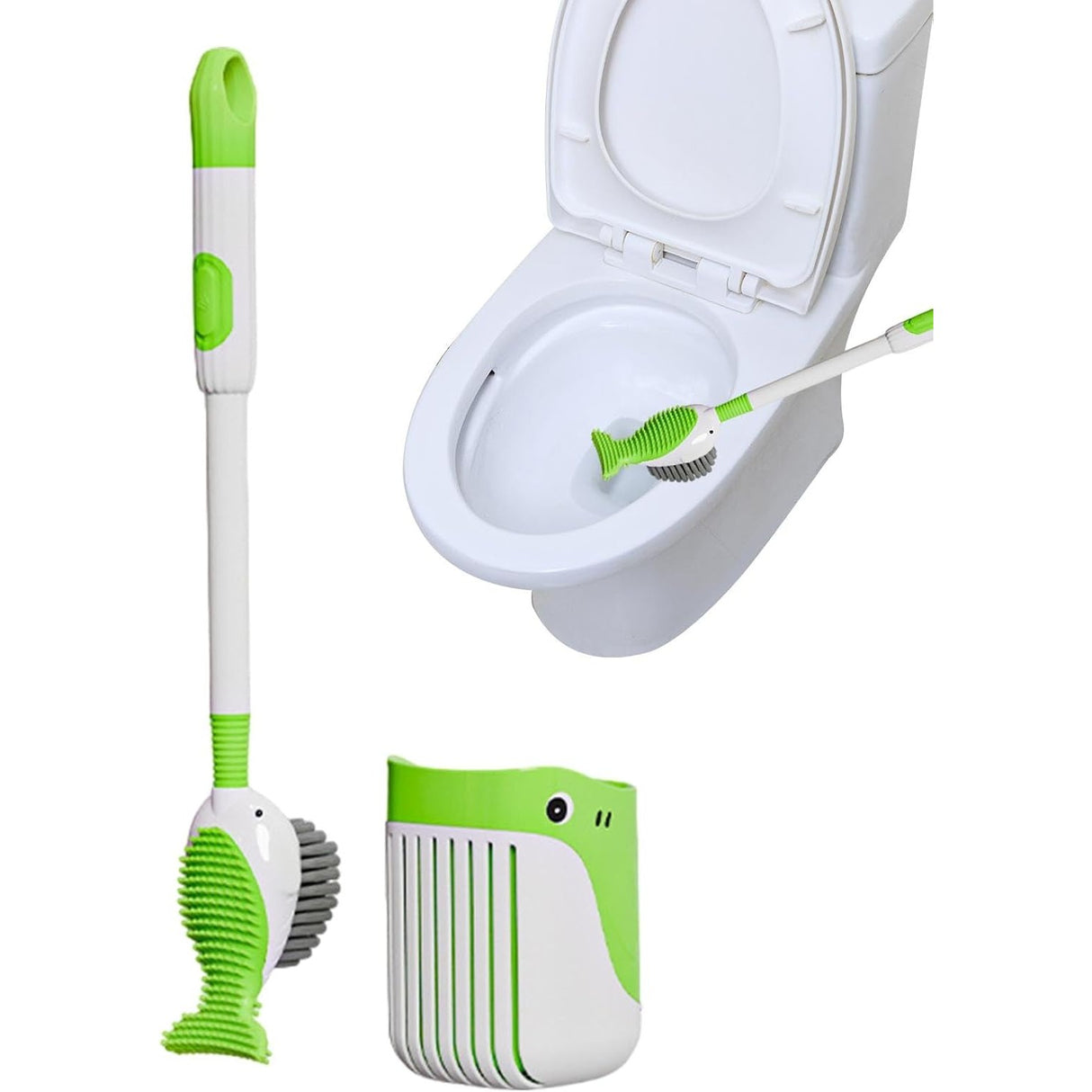 Perie de Toaleta, Flippy, cu Suport de Perete, Recipient Detergent, 2 Tipuri de Perii, Model Balena, Verde