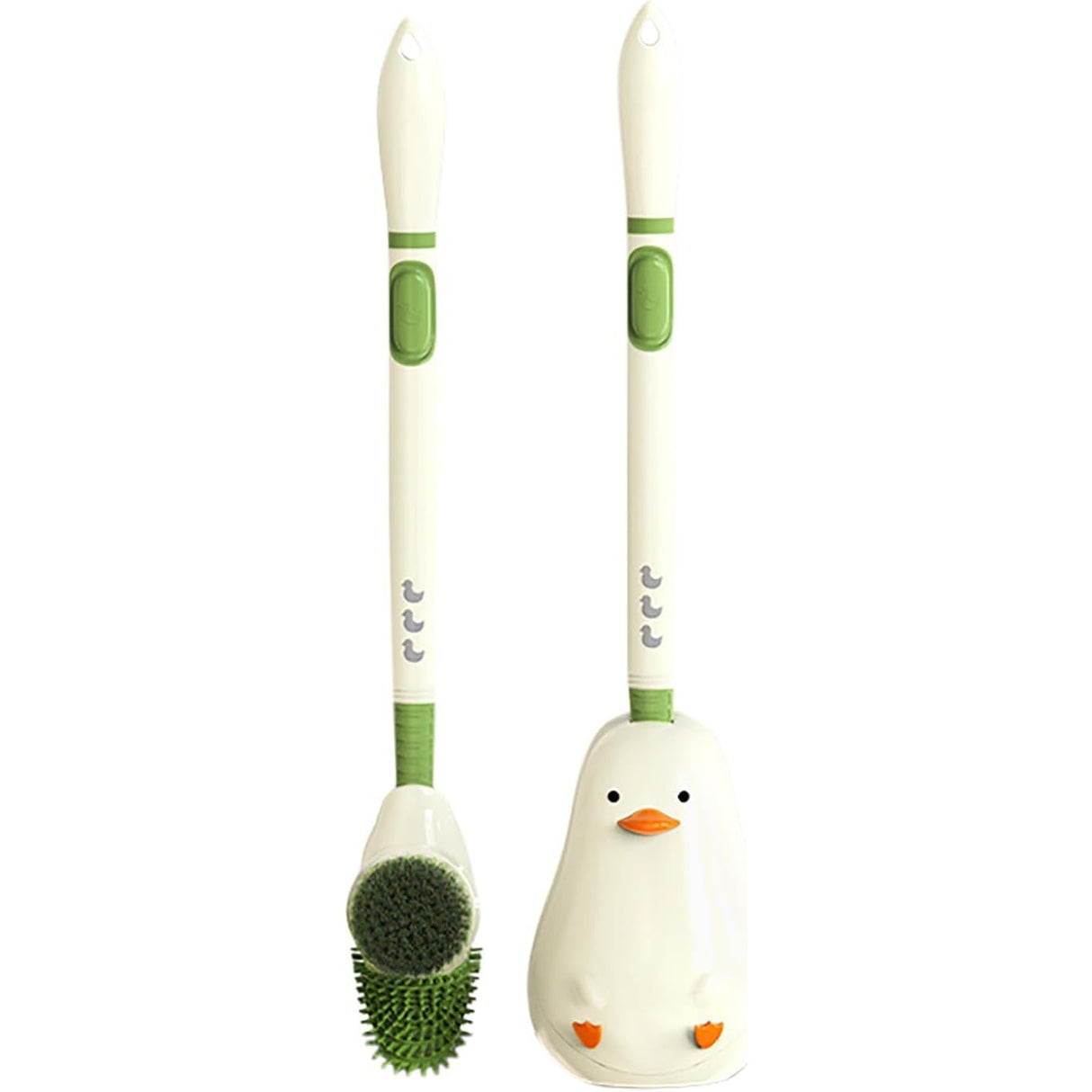 Perie de Toaleta, Flippy, cu Suport de Perete, Recipient Detergent, 2 Tipuri de Perii, Model Rata, Verde