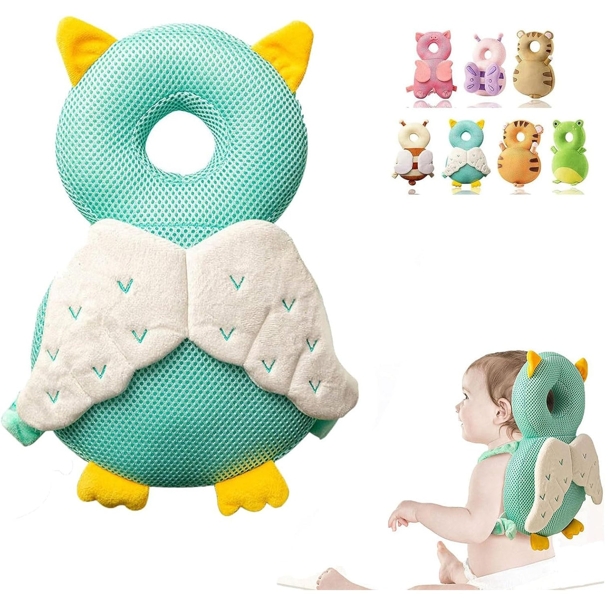 Perna tip Rucsac pentru Protectia Capului, Vivimall, Tetiera tip Bufnita, Design tip Plasa, pentru Bebelusi, 33x6x19 cm, 180 g, Albastru - vivimall.ro