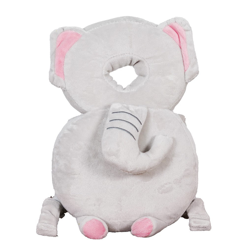 Pernă tip rucsac elefant din pluș gri pentru protecția capului bebelușului, vedere frontală, 33x19 cm