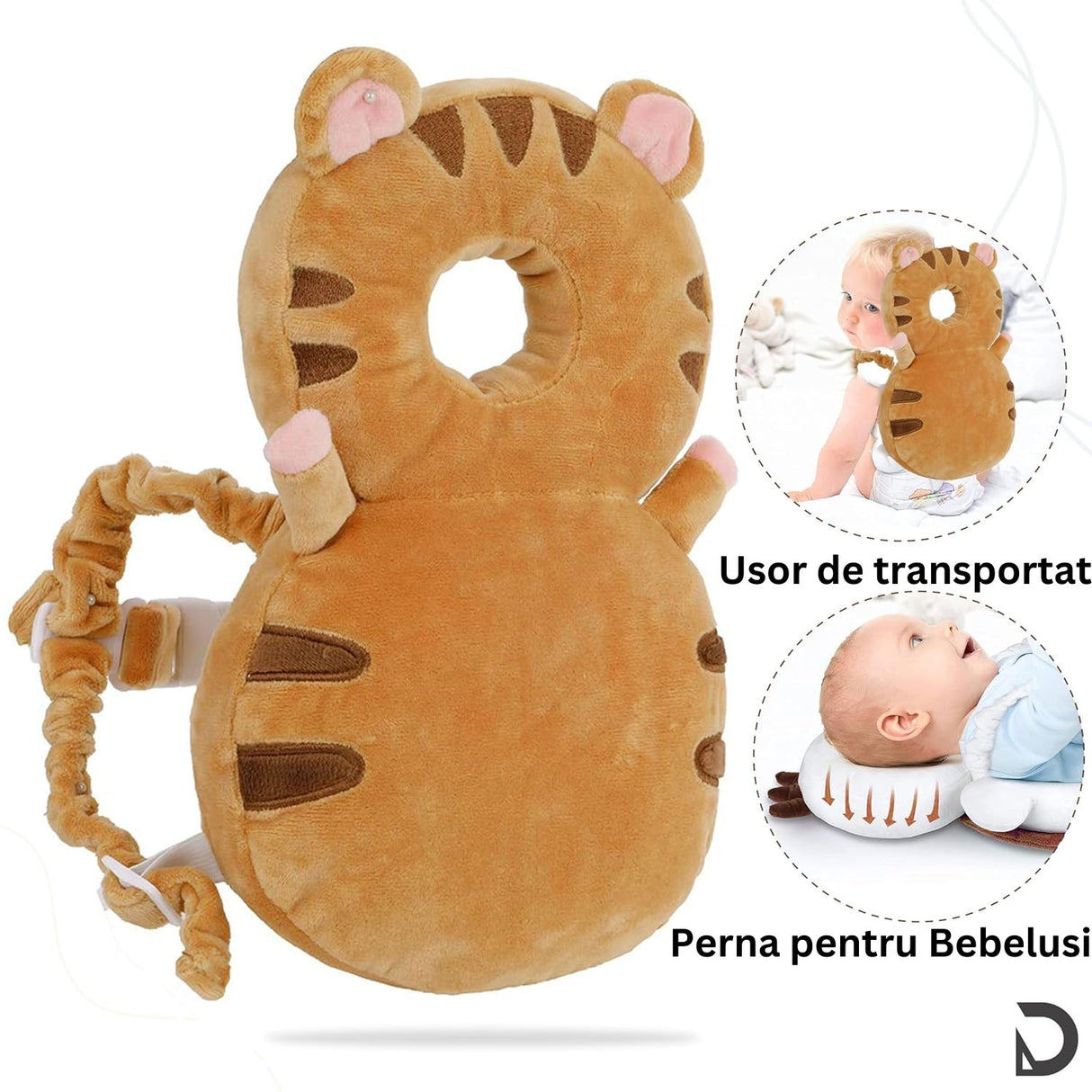 Pernă protecție cap bebe tip rucsac tigru, vedere laterală, dimensiuni 33x6x19 cm, 180 g
