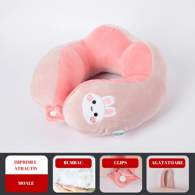 Perna de Calatorie, Vivimall, Pentru Gat si Cap, Umplutura din Bumbac, 28x28x10 cm, cu Model Brodat Iepure, Roz - vivimall.ro