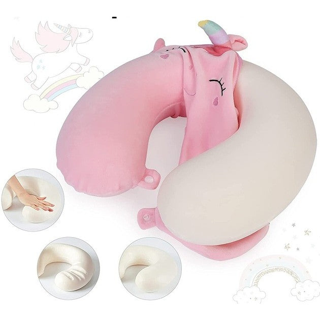 Perna de Calatorie in Forma de U, Vivimall, Pentru Gat si Cap, Umplutura din Spuma cu Memorie, 30x30 cm, Model Iepuras, Accesoriu de Voiaj, Birou, Masina, Sistem Prindere Capse, Roz - vivimall.ro