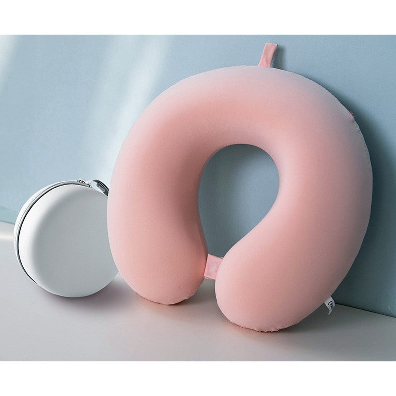 Perna de Calatorie in Forma de U, Vivimall, Pentru Gat si Cap, Umplutura din Spuma cu Memorie, 30x30 cm, Sistem Prindere Capse, Cutie de Depozitare, Roz - vivimall.ro