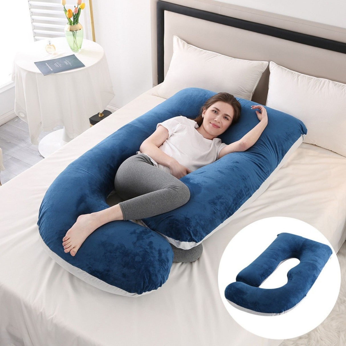 Detaliu husă detașabilă și lavabilă pernă sarcină Flippy, material moale bleumarin/gri deschis