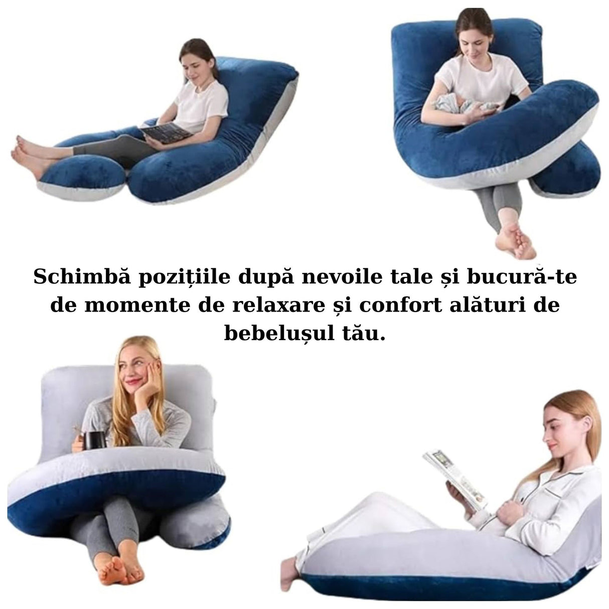 Pernă maternitate Flippy formă J în utilizare, susținere spate și șolduri în timpul somnului lateral