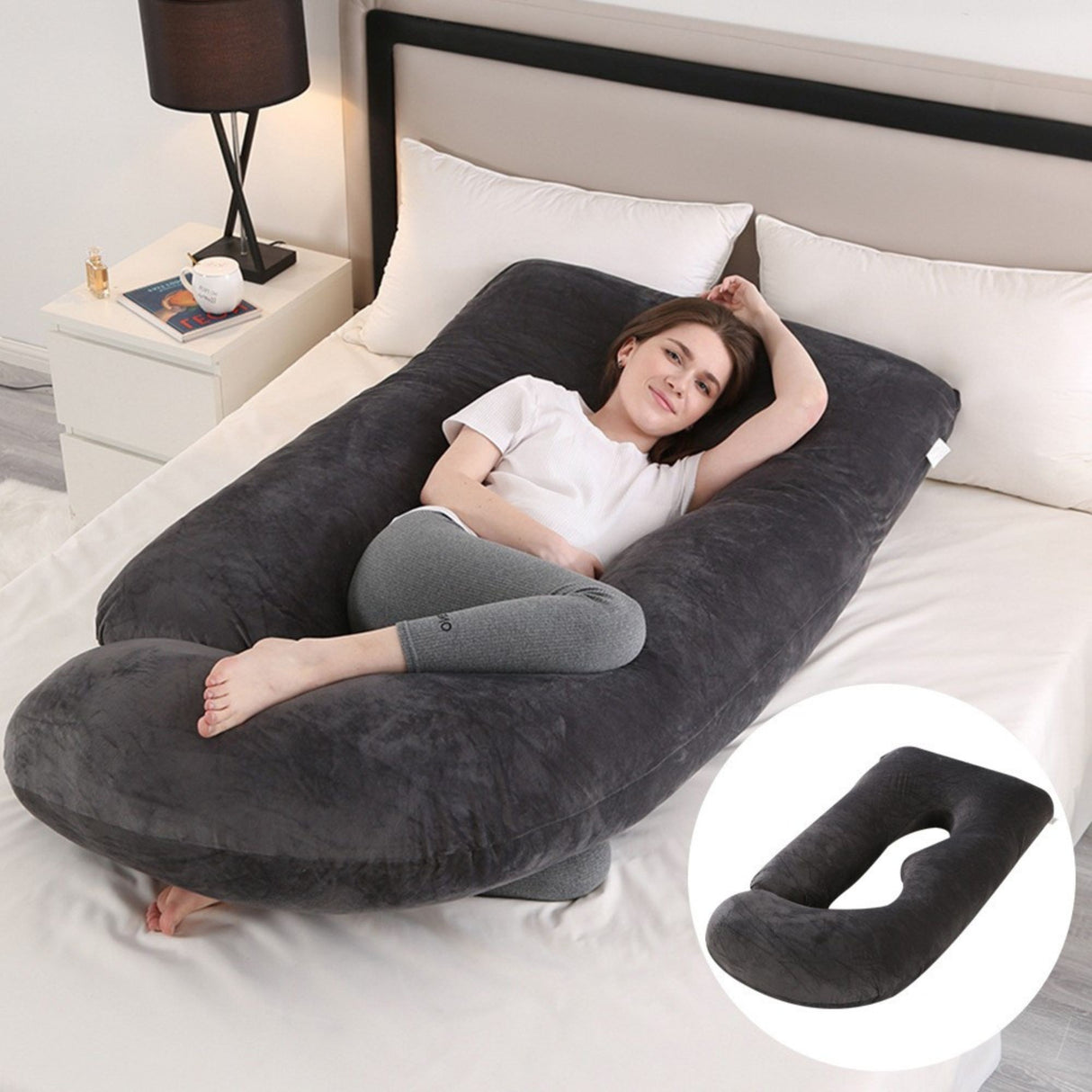 Perna pentru Gravide, Flippy, Perna de Sarcina, Detasabila si Lavabila, Ergonomica Tip J, Captuseala din Poliester, 155 x 75 x 60 cm, Negru - vivimall.ro