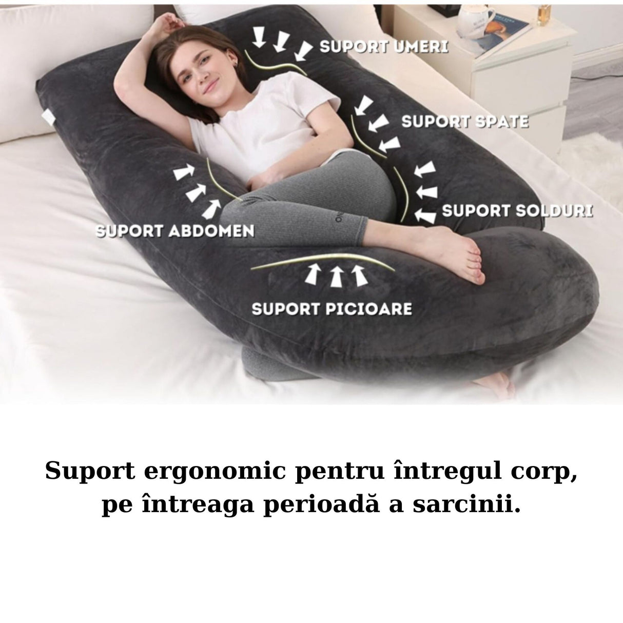 Perna pentru Gravide, Flippy, Perna de Sarcina, Detasabila si Lavabila, Ergonomica Tip J, Captuseala din Poliester, 155 x 75 x 60 cm, Negru - vivimall.ro