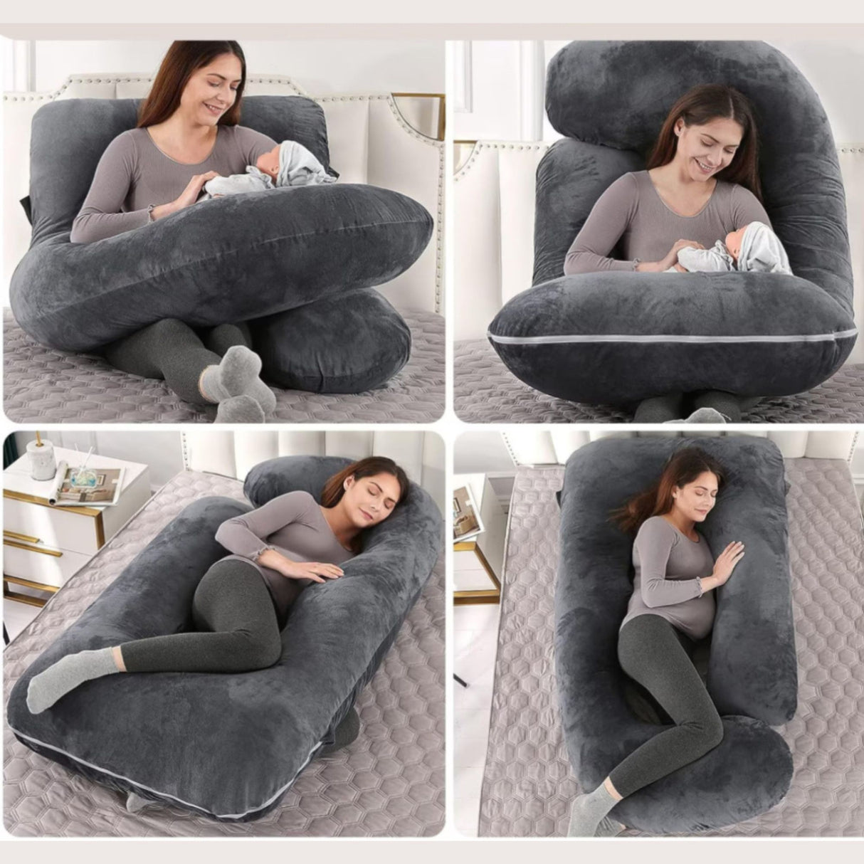 Perna pentru Gravide, Flippy, Perna de Sarcina, Detasabila si Lavabila, Ergonomica Tip J, Captuseala din Poliester, 155 x 75 x 60 cm, Negru - vivimall.ro