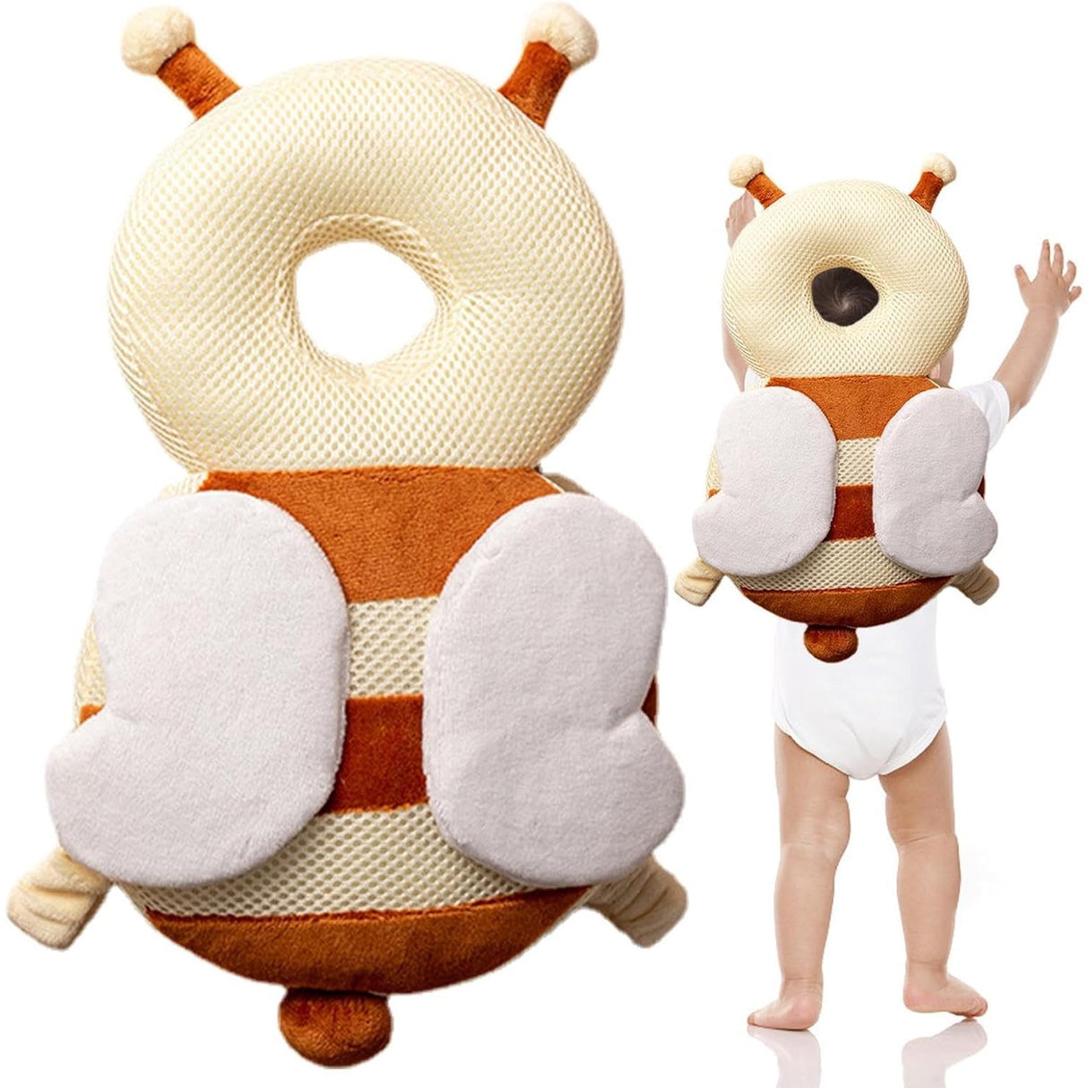 Perna tip Rucsac pentru Protectia Capului, Vivimall, Tetiera tip Albina, pentru Bebelusi, Design tip Plasa, 33x6x19 cm, 180 g, Maro/Bej - vivimall.ro