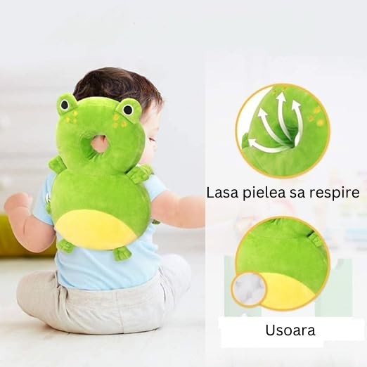 Detaliu material pluș moale pernă rucsac broscuță verde Vivimall pentru bebeluși 0-3 ani