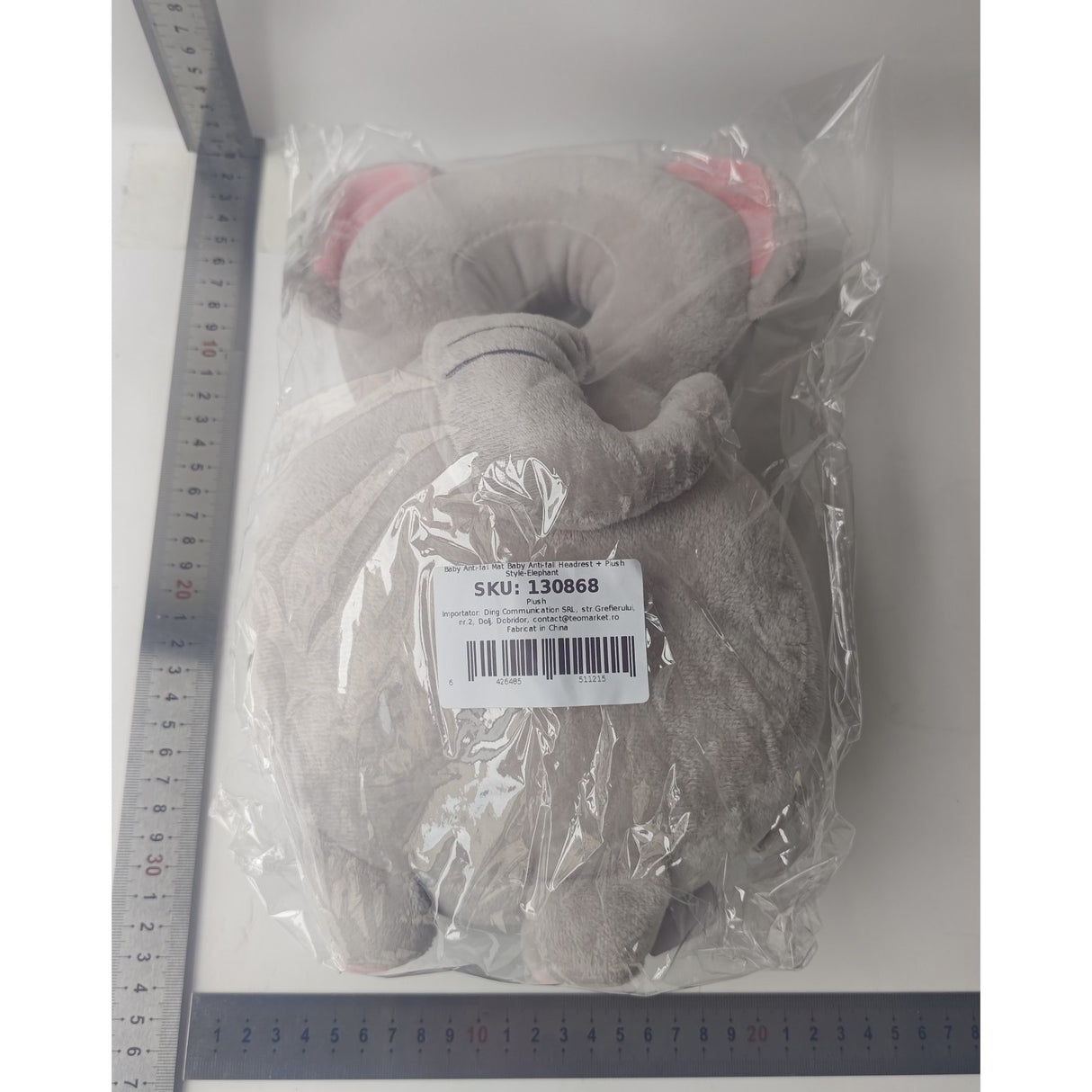 Pernă protecție cap bebeluș 0-3 ani, elefant pluș gri, dimensiuni 33x6x19 cm, vedere spate