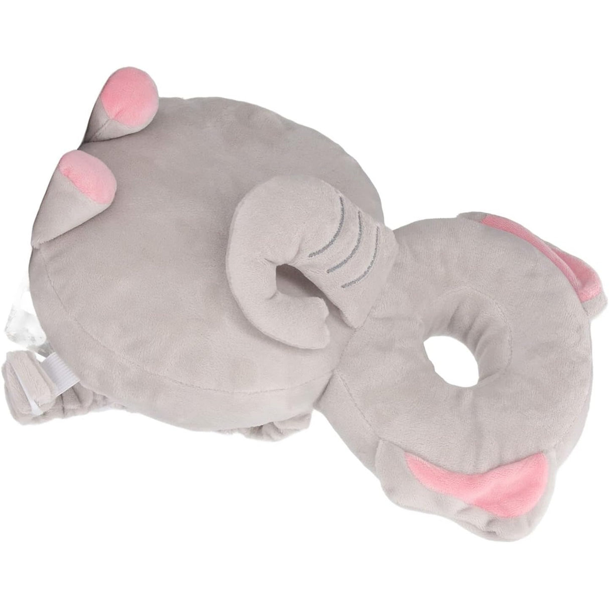 Pernă rucsac elefant gri din pluș alături de ambalaj, dimensiuni pachet 30x22x12 cm