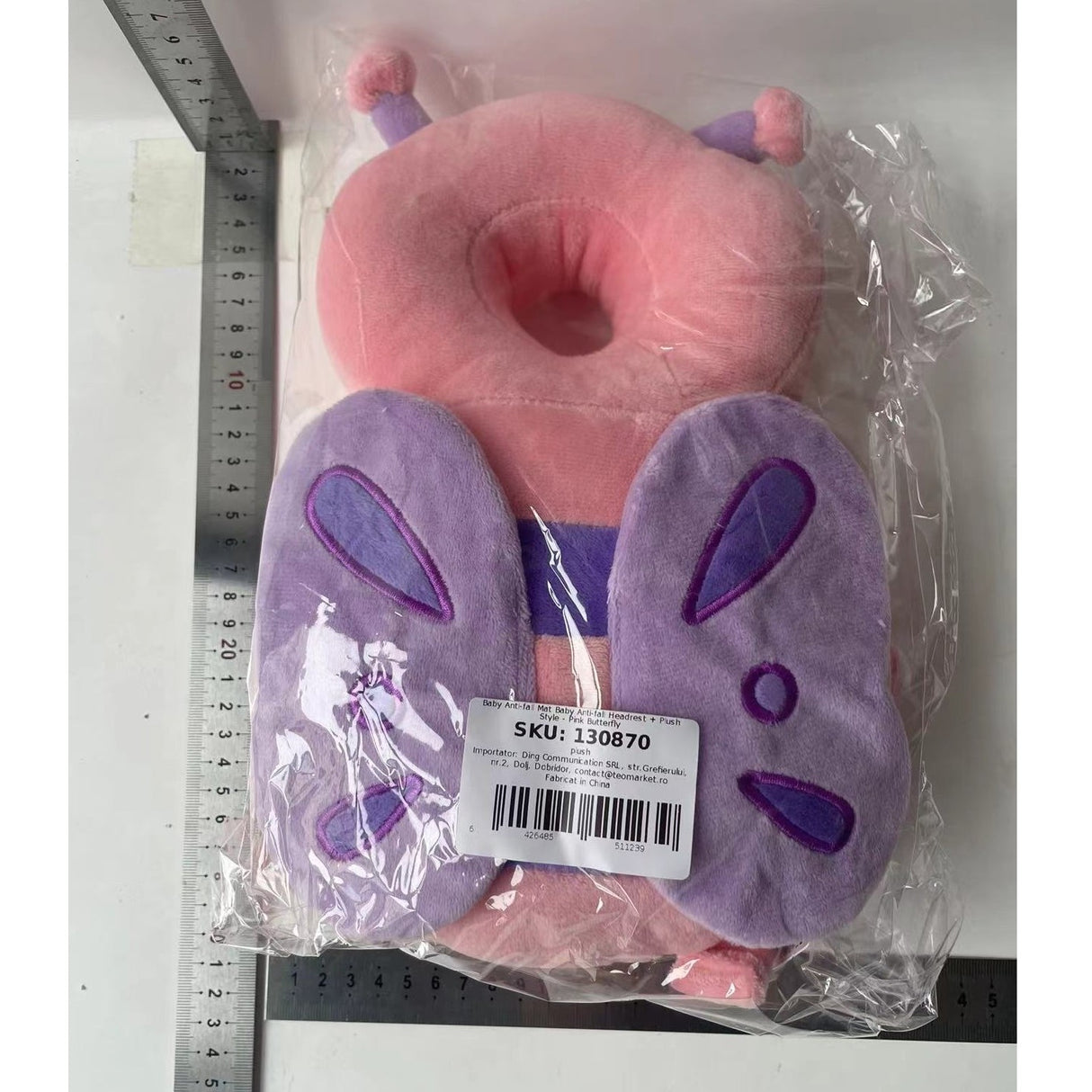 Pernă fluture Vivimall purtată de bebeluș, protecție cap și gât, design jucăuș roz pastelat