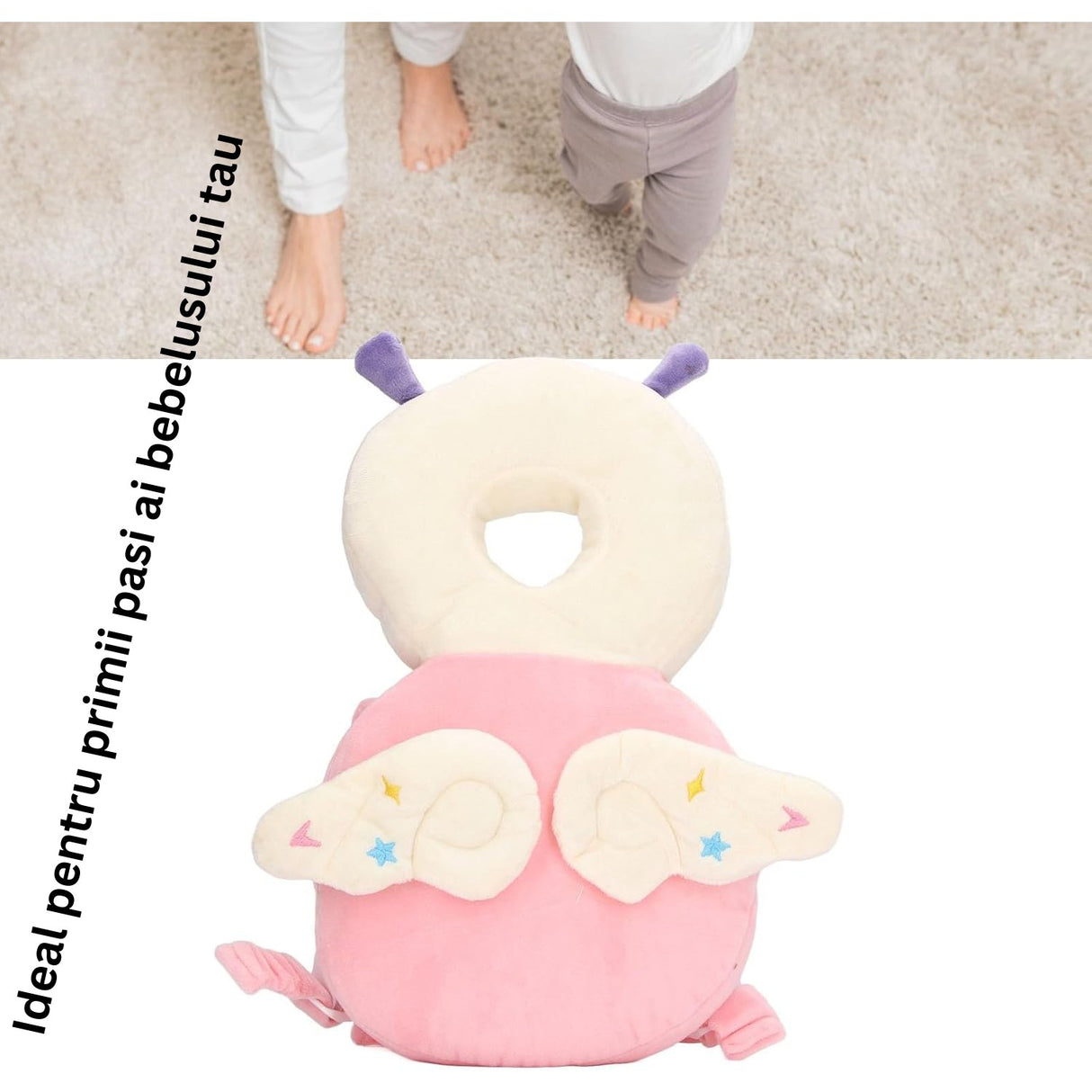 Perna tip Rucsac pentru Protectia Capului, Vivimall, Tetiera tip Insecta, pentru Bebelusi, 33x6x19 cm, 180 g, Roz - vivimall.ro