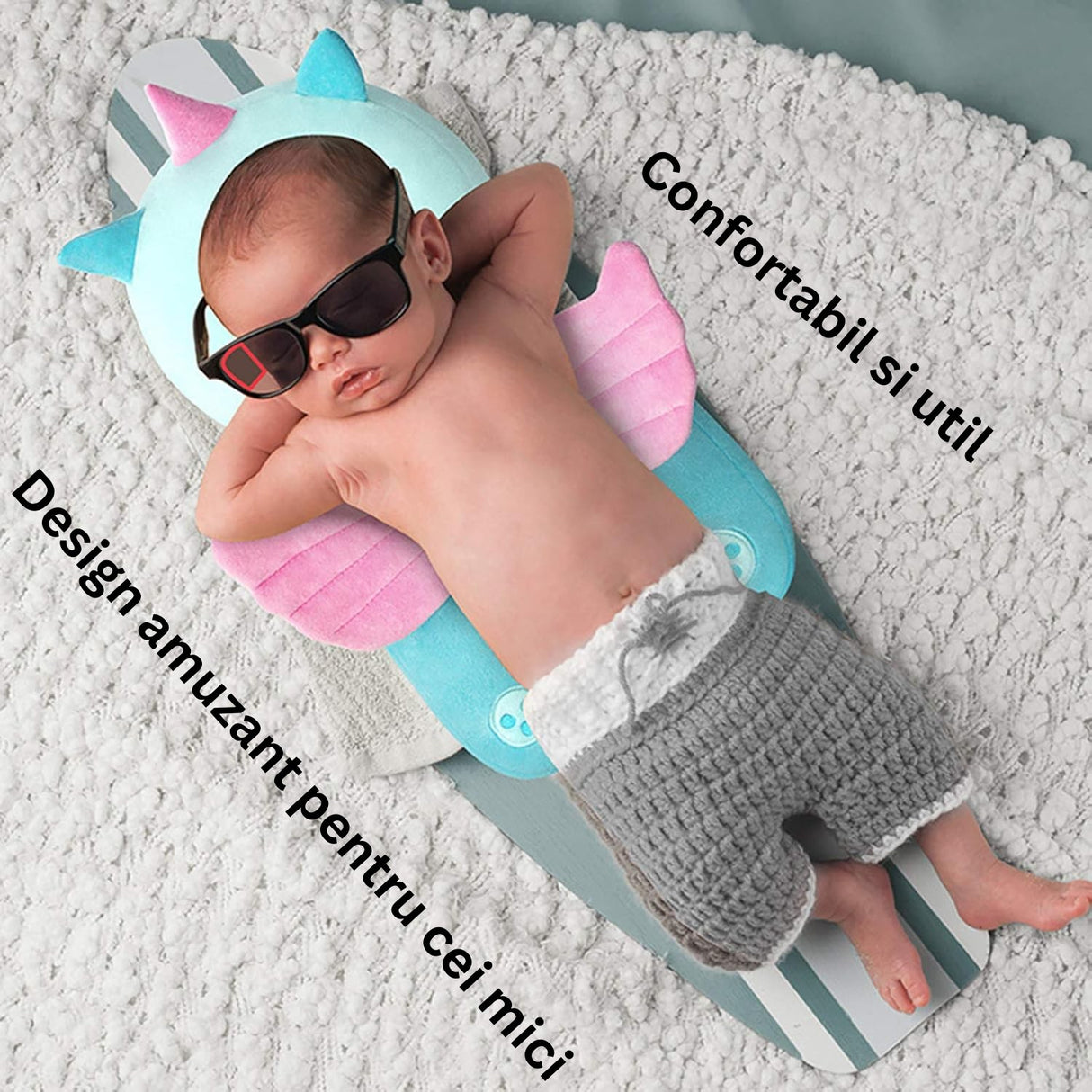 Perna tip Rucsac pentru Protectia Capului, Vivimall, Tetiera tip Unicorn, pentru Bebelusi, Design tip Plasa, 33x6x19 cm, 180 g, Albastru - vivimall.ro