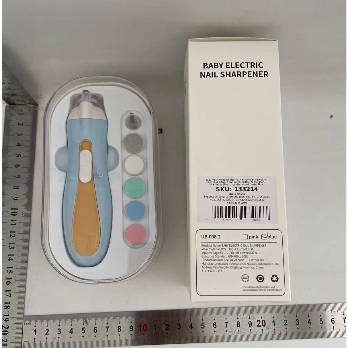 Pila Electrica, Vivimall, pentru Copii si Bebelusi, din ABS, 6 Accesorii, cu Lumina LED, 9.5 x 6 x 17 cm, Albastru/Portocaliu - vivimall.ro