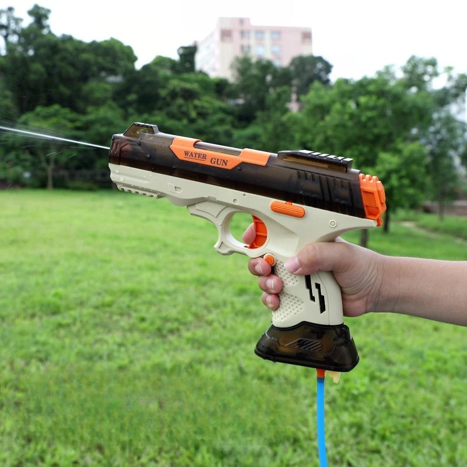 Pistol cu Apa Electric, Vivimall, 2 Rezervoare 75/350 ml, din ABS+Silicon, Baterie, Incarcare USB, Conectare la Furtun, +6 Ani, Maro - vivimall.ro