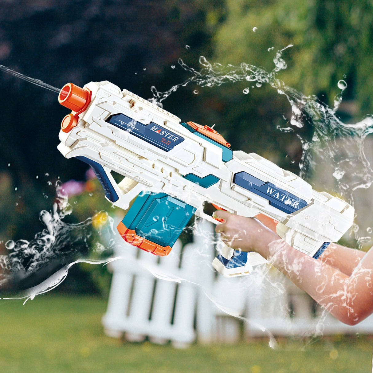 Pistol cu Apa pentru Copii 14+ ani, Vivimall, Rezervor 600ml, cu baterie 1200mAh, Electric Burst, Alb/Albastru - vivimall.ro