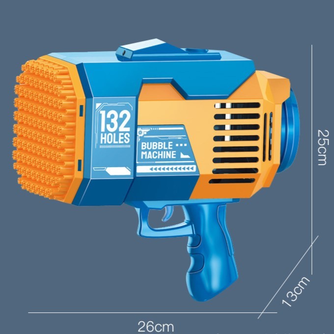 Pistol pentru Baloane de Sapun, Vivimall, 132 de Gauri, Lumini Colorate, Tavita, Lichid, Baterie de Li, Cablu de Incarcare, 25cm x 13cm x 26cm, Albastru - vivimall.ro