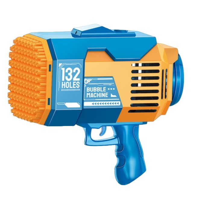 Pistol pentru Baloane de Sapun, Vivimall, 132 de Gauri, Lumini Colorate, Tavita, Lichid, Baterie de Li, Cablu de Incarcare, 25cm x 13cm x 26cm, Albastru - vivimall.ro