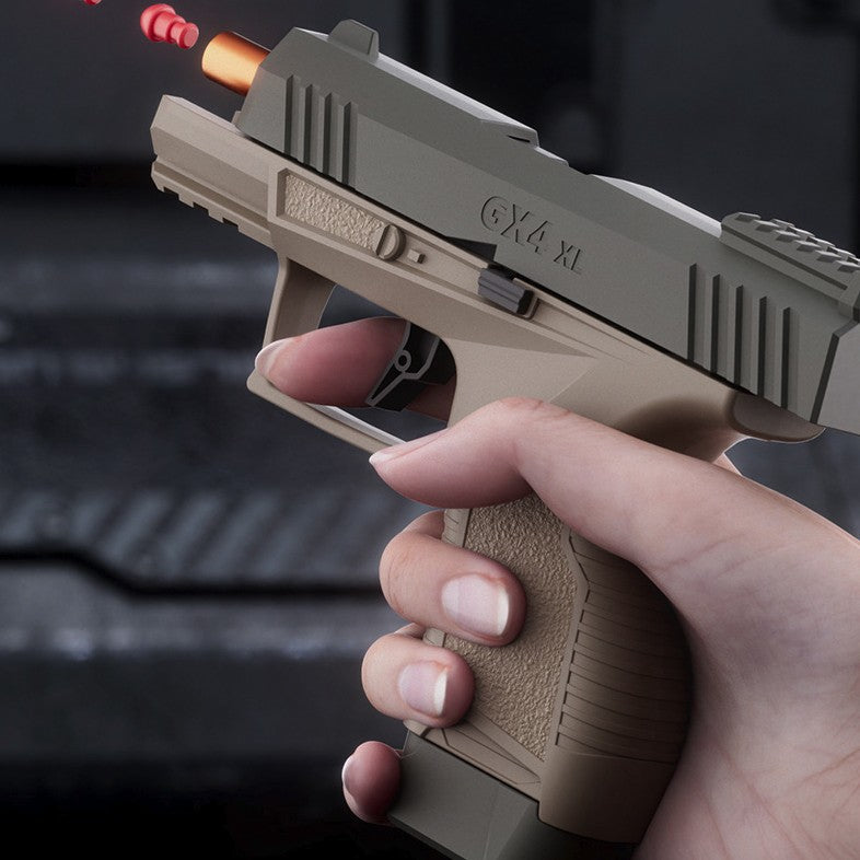 Pistol de jucarie GX4 cu Ejectie, Vivimall, de Explozie de buzunar, Makara BLOWBACK, Gloante Moi pentru Copii, 15 x 13 x 3.5 cm, Negru Maro - vivimall.ro