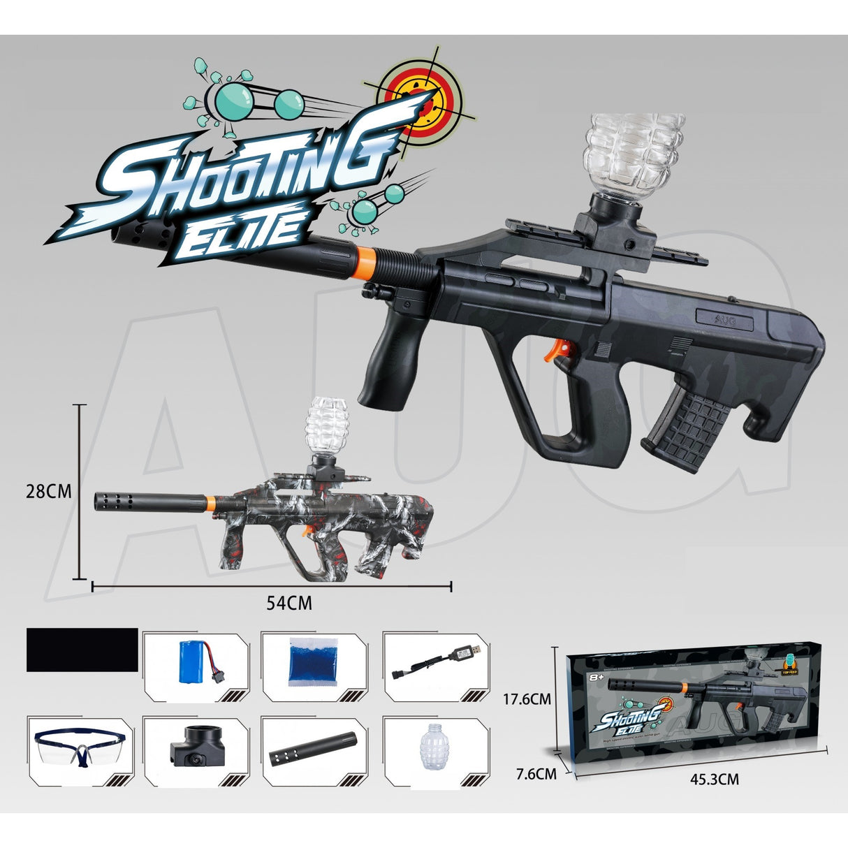 Mitraliera de jucarie electrica Vivimall cu bile de hidrogen de gel, gun bluster, tragere in rafala, varsta peste 6 ani, ochelari de protectie, 5000 de bile incluse, cablu de incarcare, 28x31 cm, AUG, negru - vivimall.ro