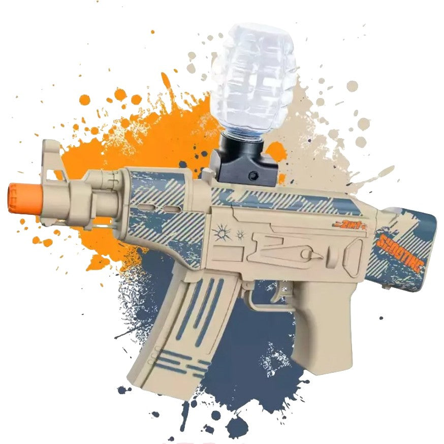 Mitraliera de jucarie electrica Vivimall cu bile de hidrogen de gel, gun bluster, tragere in rafala, varsta peste 6 ani, ochelari de protectie, 5000 de bile incluse, cablu de incarcare, 28x31 cm, AK47, crem - vivimall.ro