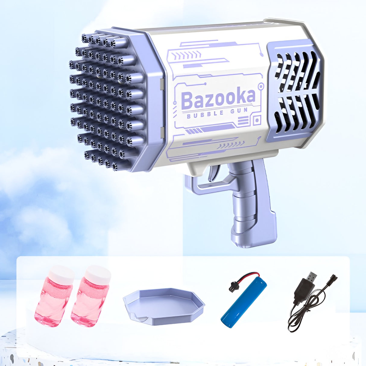 Pistol pentru Baloane de Sapun, Vivimall, 69 de Gauri, Lumini Colorate, Tavita, Lichid, Baterie de Li, Cablu de Incarcare, 24cm x 14cm x 24cm, Mov - vivimall.ro