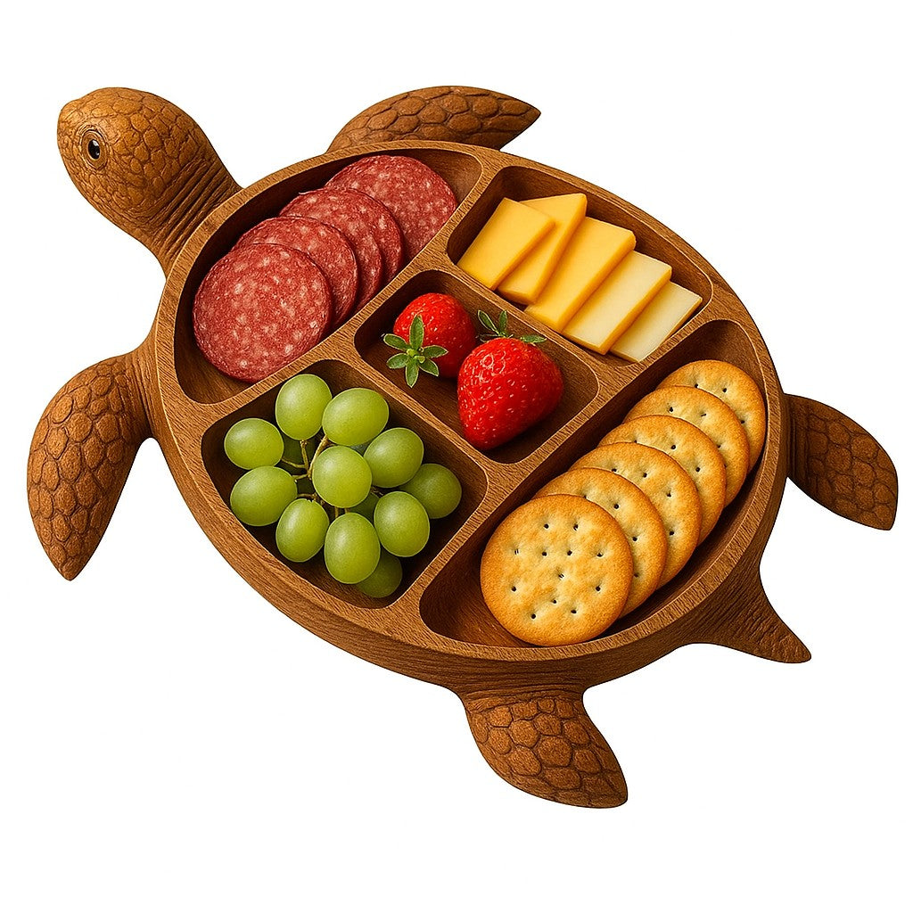 Platou pentru Servire, Flippy, in Forma de Broasca Testoasa, 3 Compartimente pentru Mezeluri, Branzeturi, Snacksuri, Fructe, Design Artistic, din Lemn Masiv, 24 x 24 x 3 cm, Maro - vivimall.ro