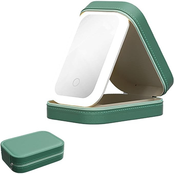 Portfard, Vivimall, Geanta Cosmetice, cu Oglinda LED, 3 Moduri de Lumina, Incarcare USB, Baterie 1200 mAh, pentru Organizarea Cosmeticelor, 4 Compartimente, Imitatie Piele, Verde, 16.5x11.5x6 cm - vivimall.ro