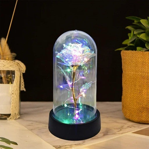 Trandafir in Cupola, Vivimall, cu Lumina Led Multicolora, Baterii, 8.5 x 15 cm, Auriu - vivimall.ro